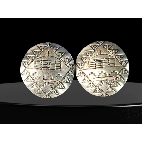 VTG Stamped Sterling Silver Teepee Hut Design Earrings by E Herbert Navajo
